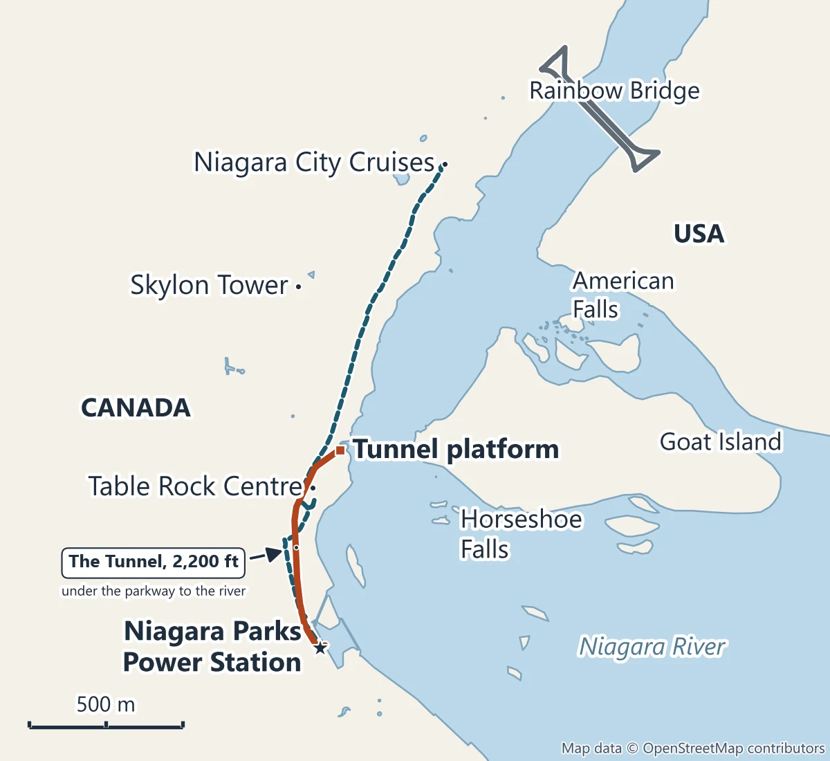 Map of the Canadian side of Niagara Falls: the Niagara Parks Power Station on the Niagara Parkway, The Tunnel running north under the parkway to a platform at the river, Table Rock Centre, the Skylon Tower, Niagara City Cruises, the Horseshoe and American Falls and the Rainbow Bridge
